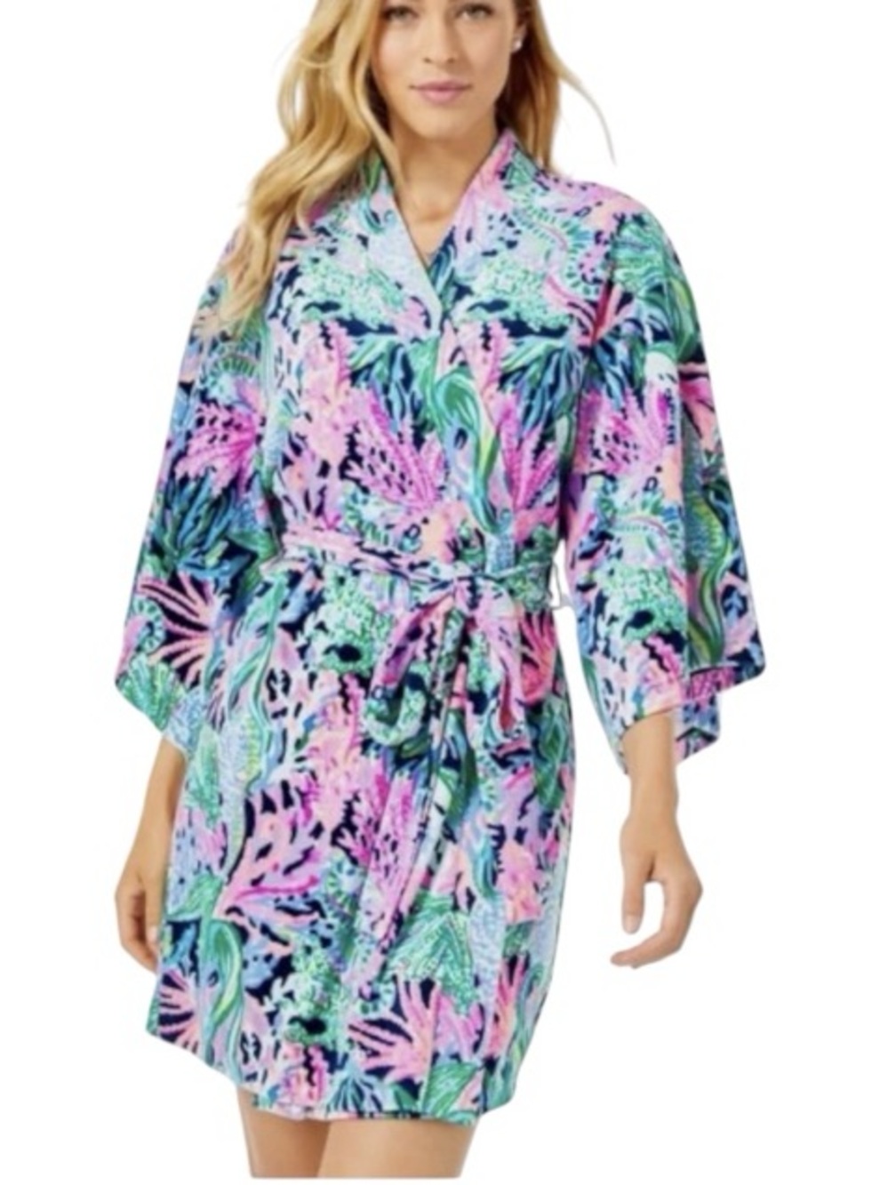 Lilly Pulitzer Elaine Plush Short Velour Robe Bringing Mermaid Back Size L / XL